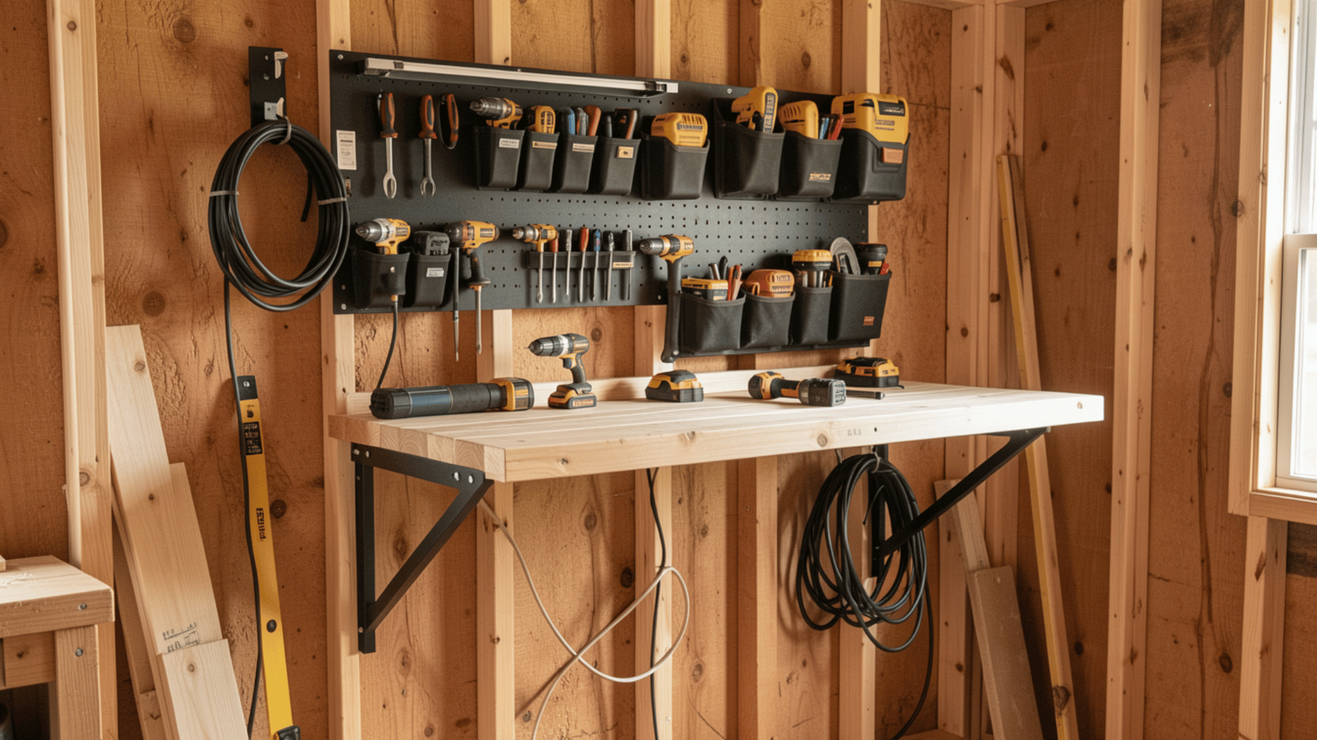 wall mounted tool organizer in wooden shed with drills, screwdrivers, batteries, pegboard storage and fold down workbench.