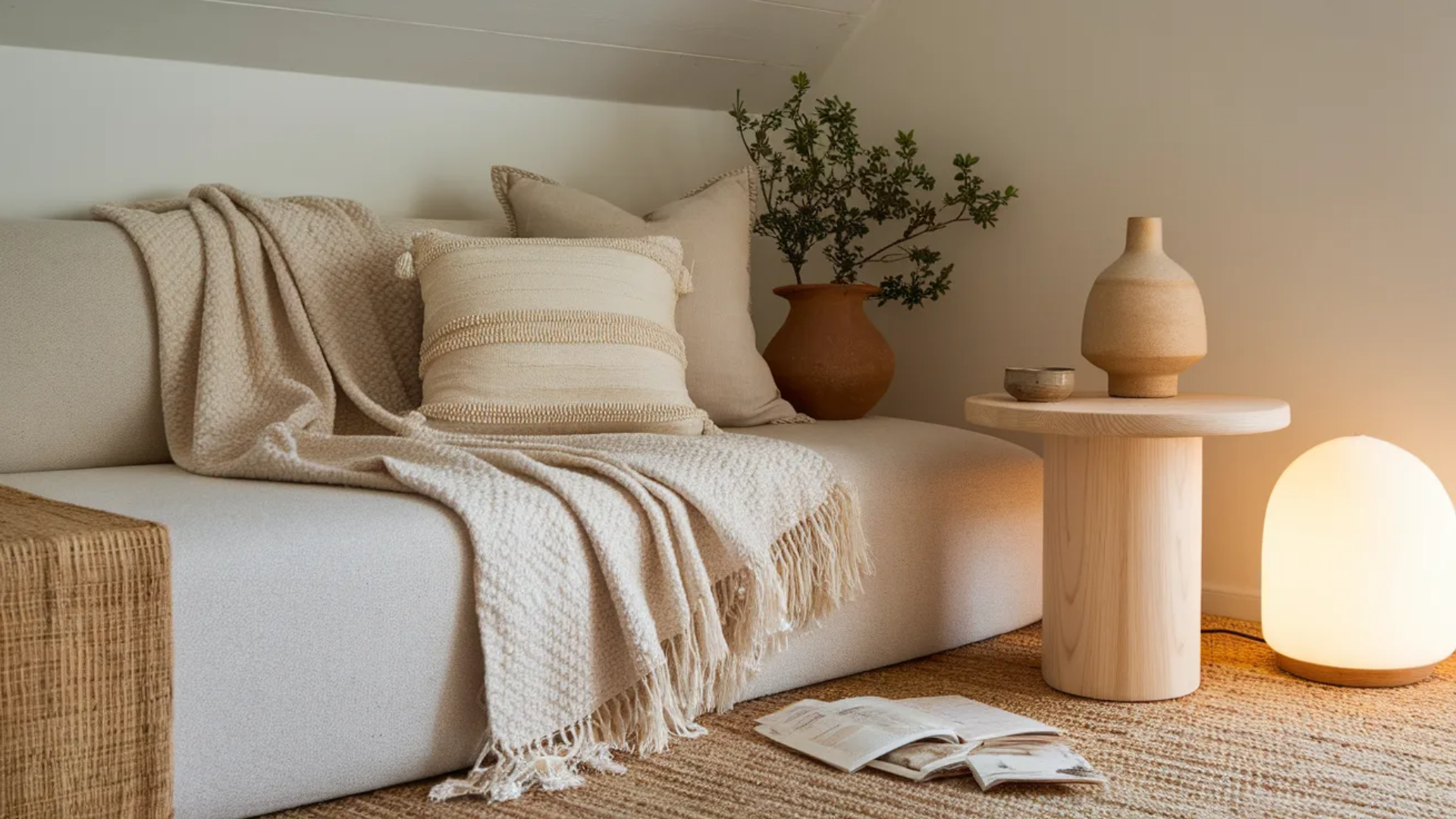 warm beige corner styled with minimal decor