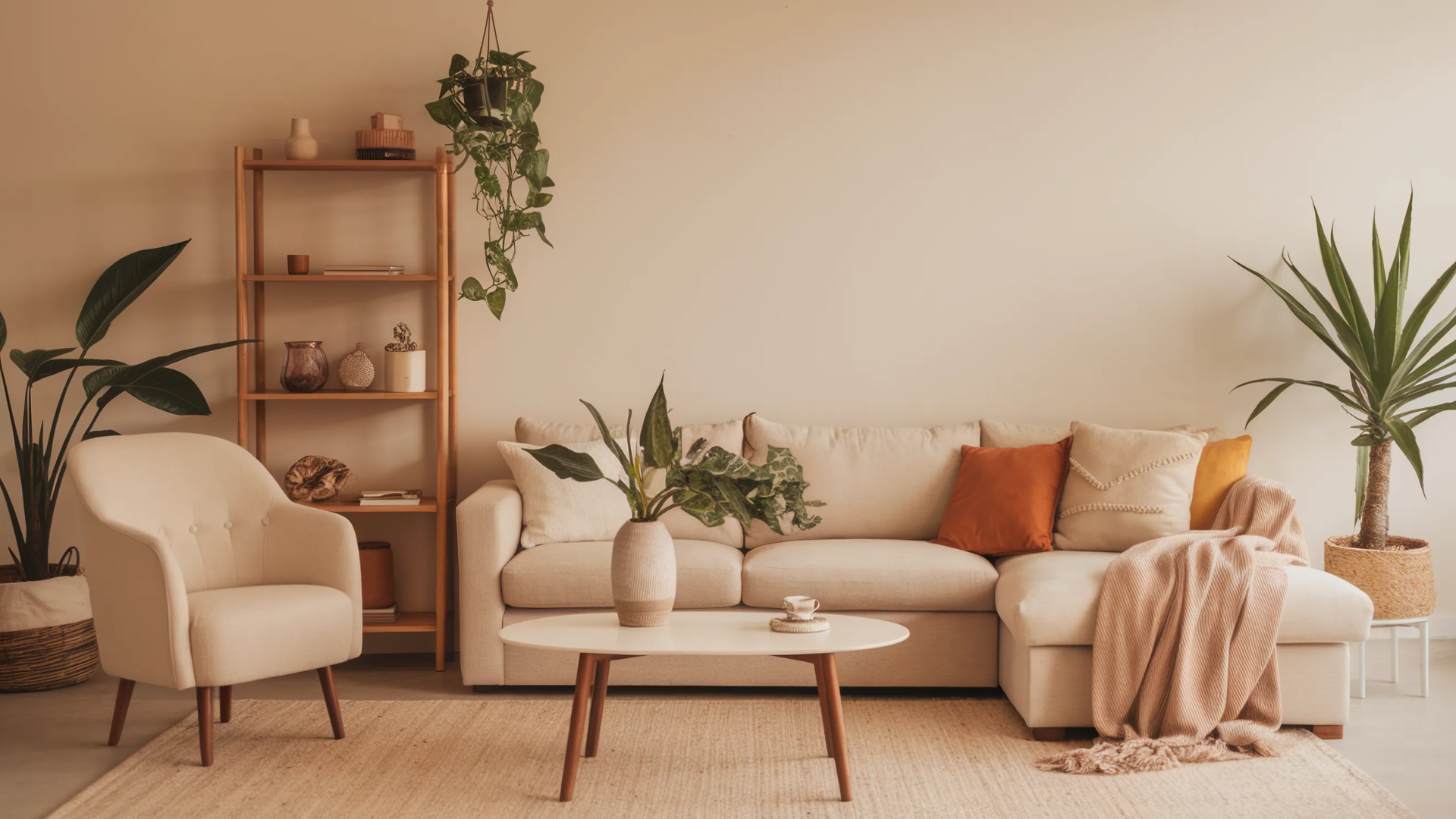 warm minimal boho room decor in soft neutral tones