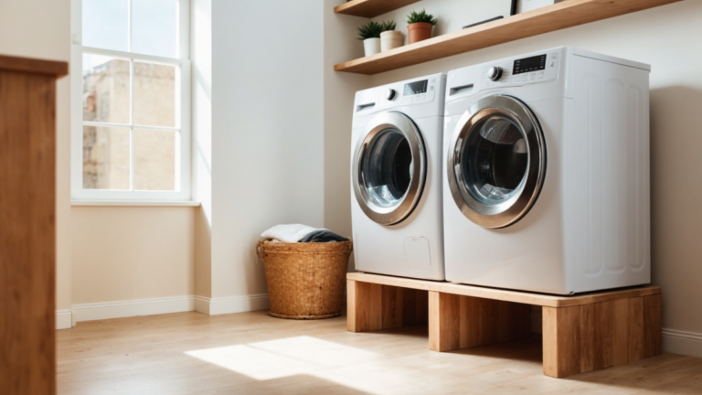 washer and dryer sitting on a finished diy pedestal, modern furniture style base with clean lines and painted surface