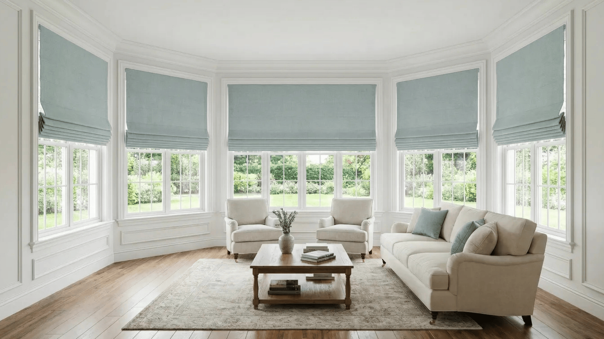 waterfall Roman shades in a living room, featuring soft, cascading folds for an elegant and flowing look