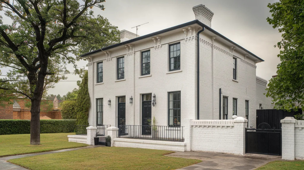white brick house black accents