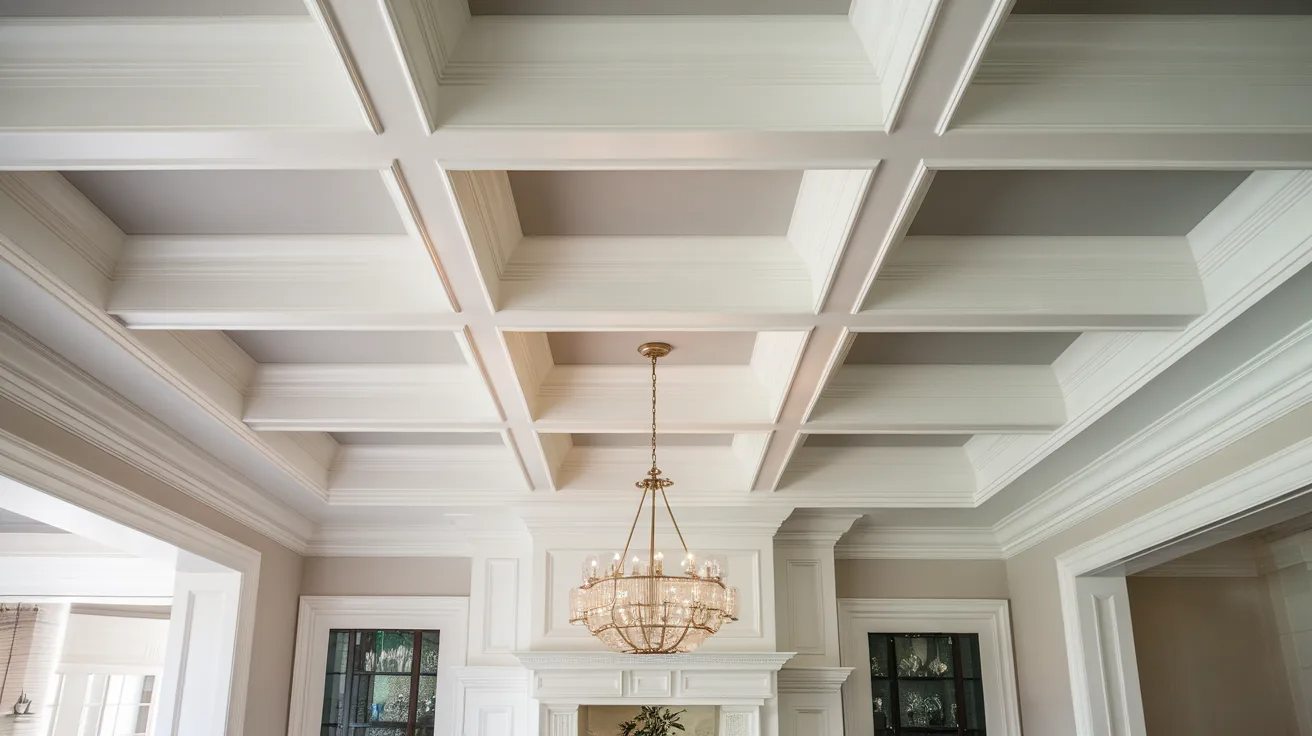 white coffered ceiling beams forming recessed panels in an elegant dining room