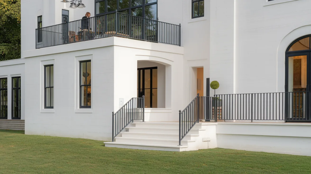 white house black balcony railings