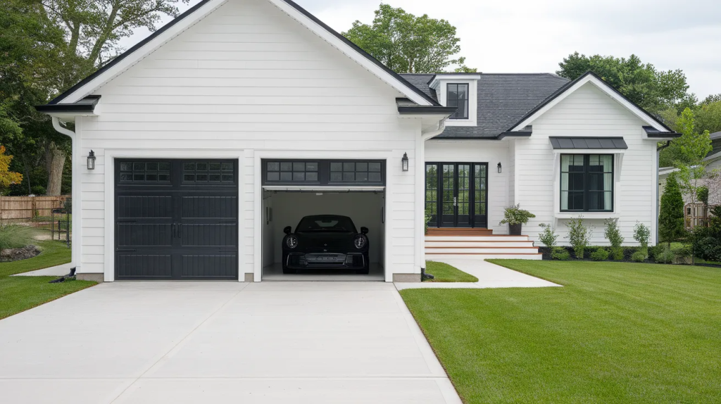 white house black garage doors