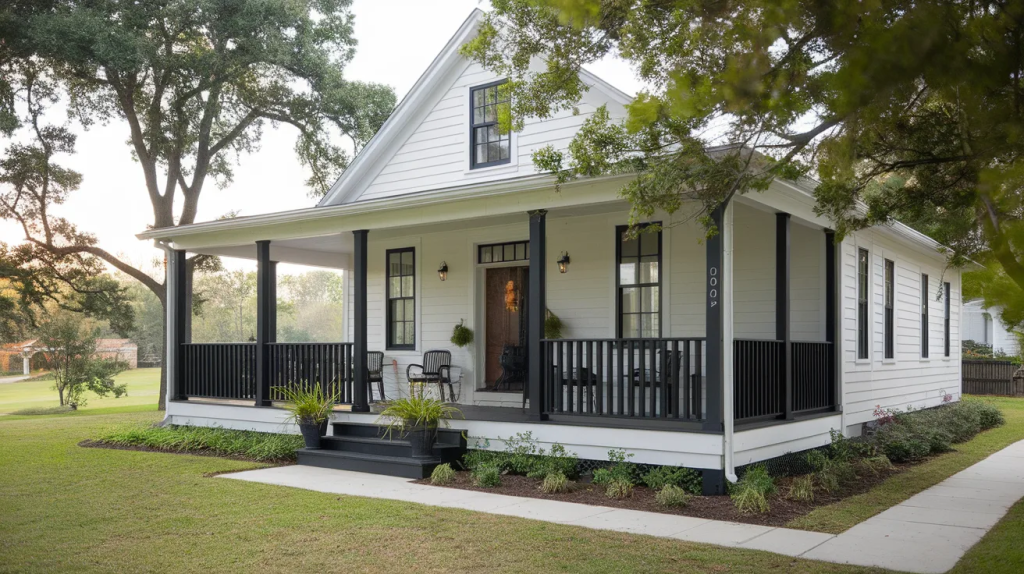 white house black porch railings