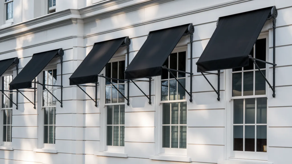 white house black window awnings