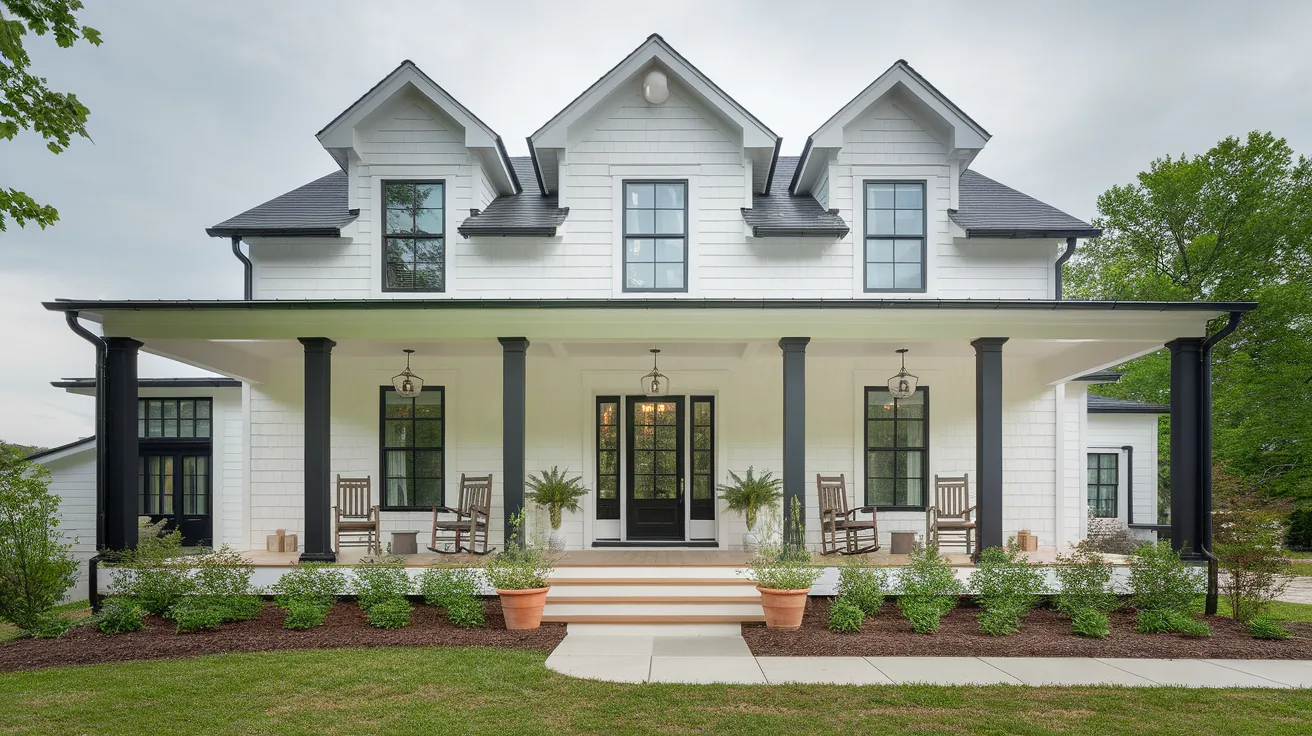 white house with black trim black columns