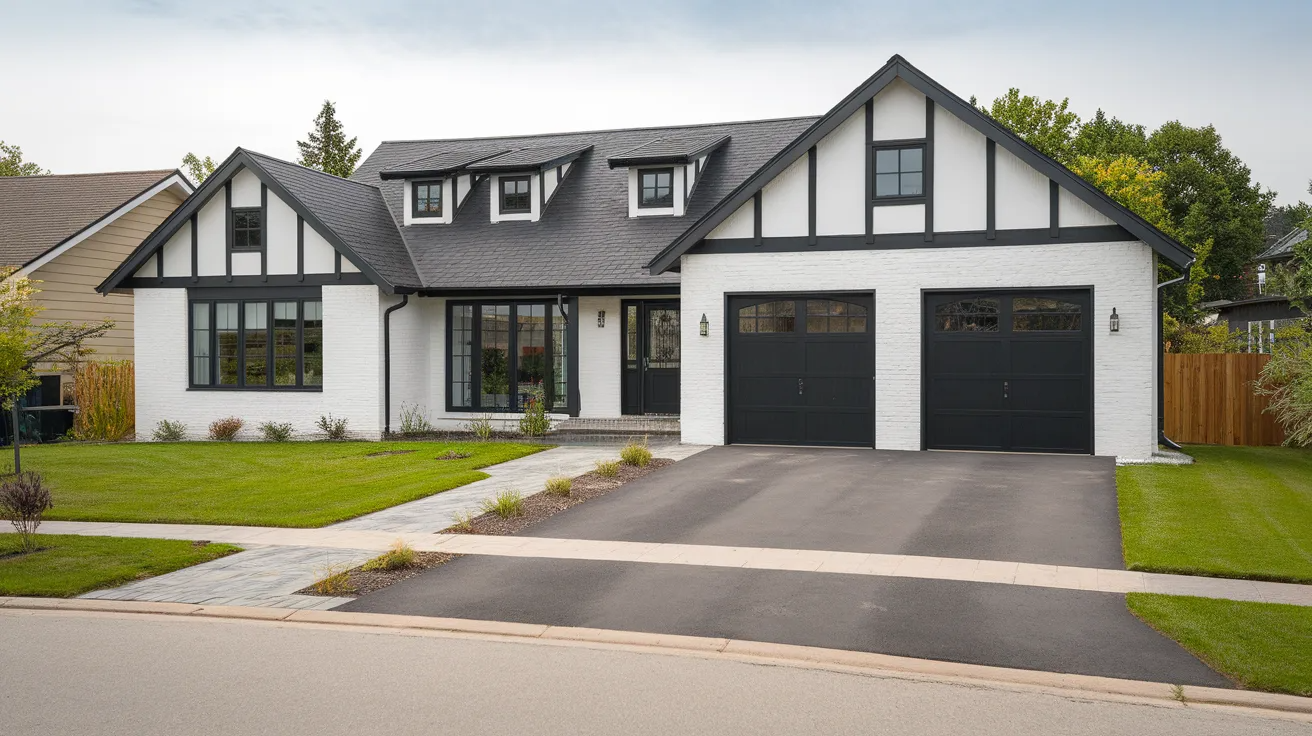 white house with black trim black garage doors