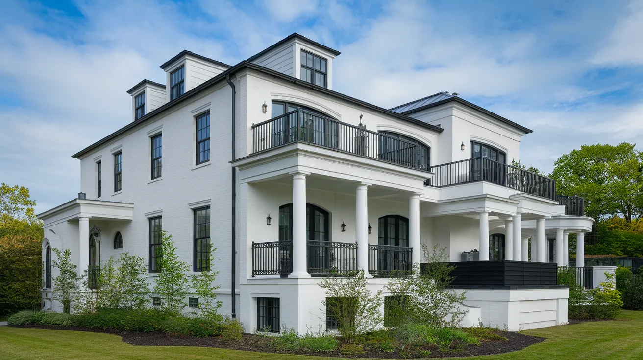 white house with black trim black railings