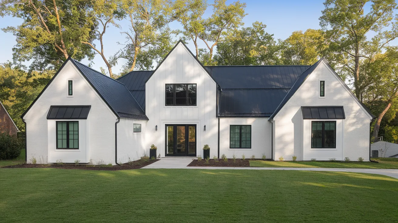 white house with black trim black roof