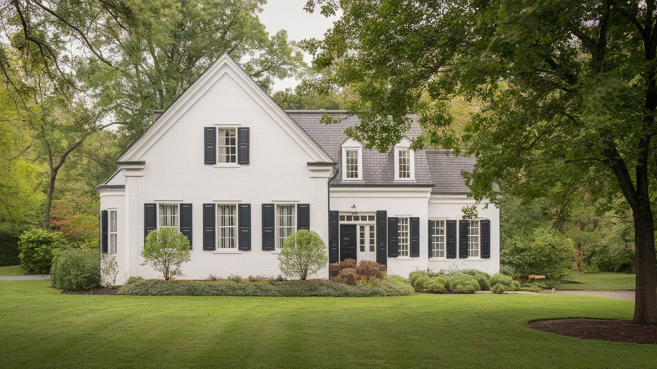 white house with black trim black shutters