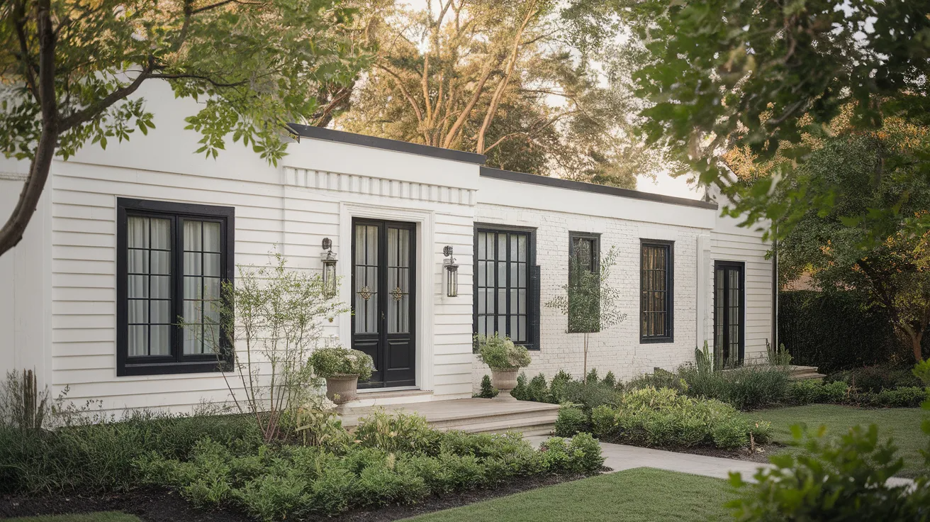 white house with black trim greenery