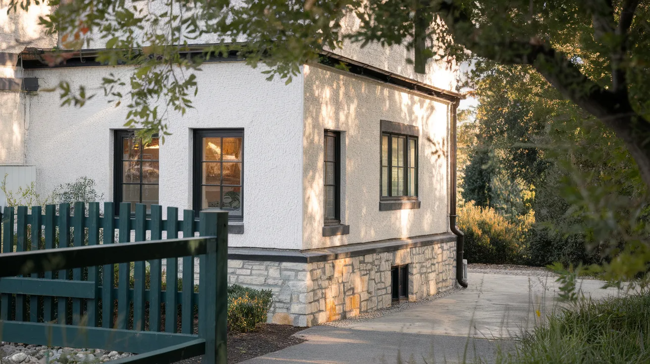 white house with black trim stone base