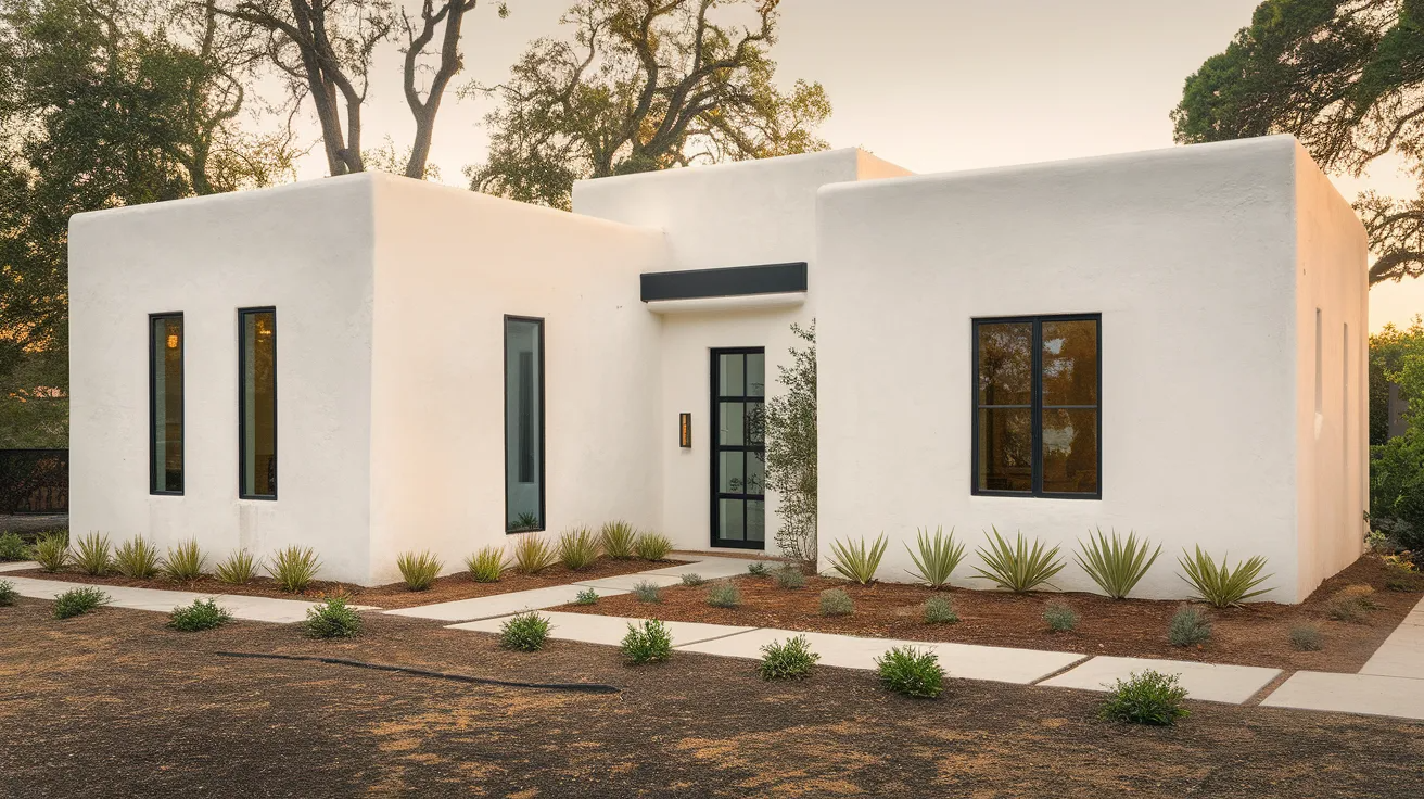 white house with black trim stucco exterior