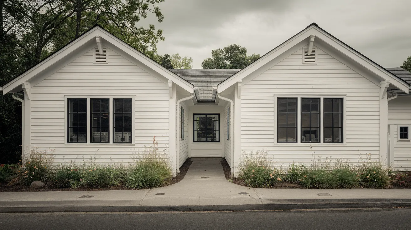 white house with black trim white siding