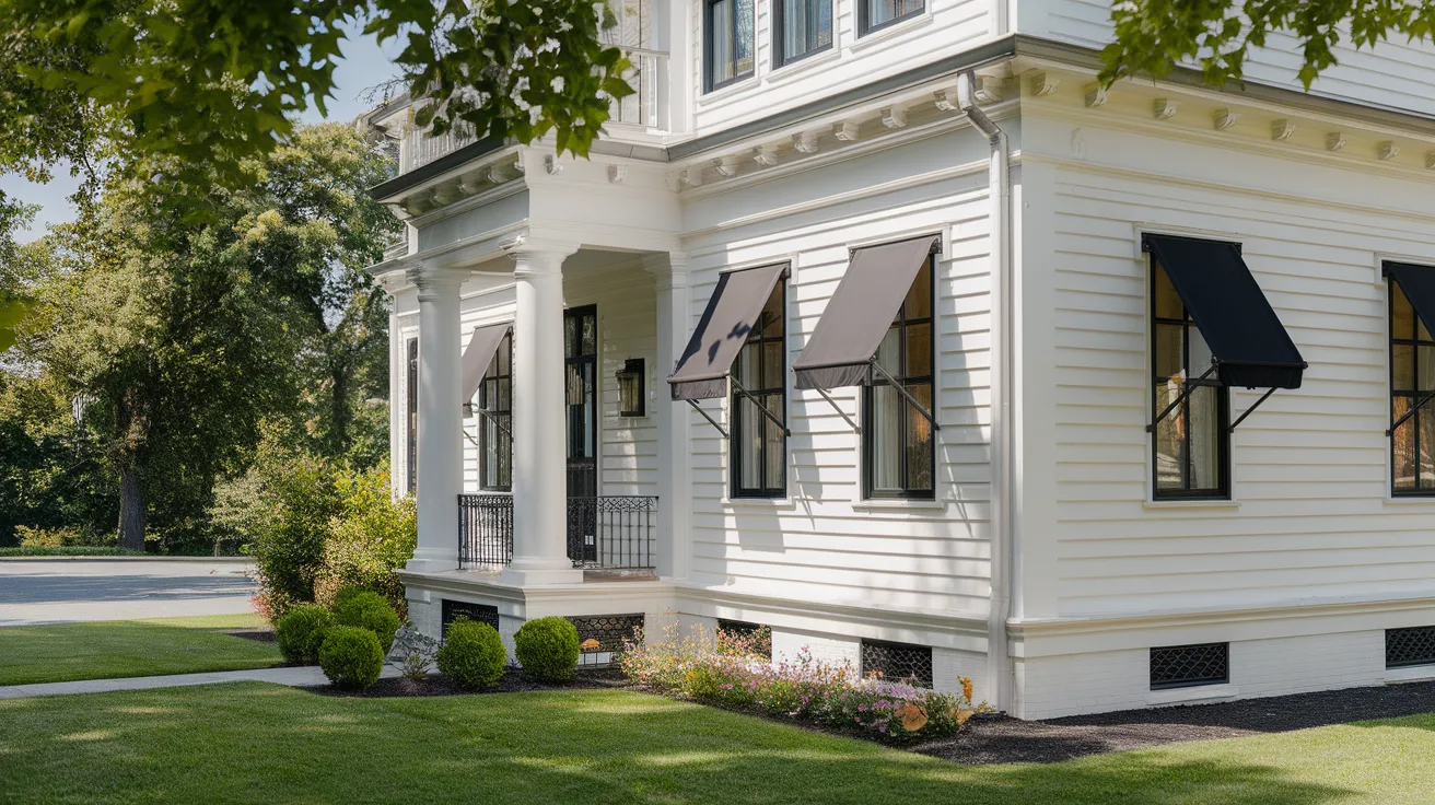 white house with black trim window awnings