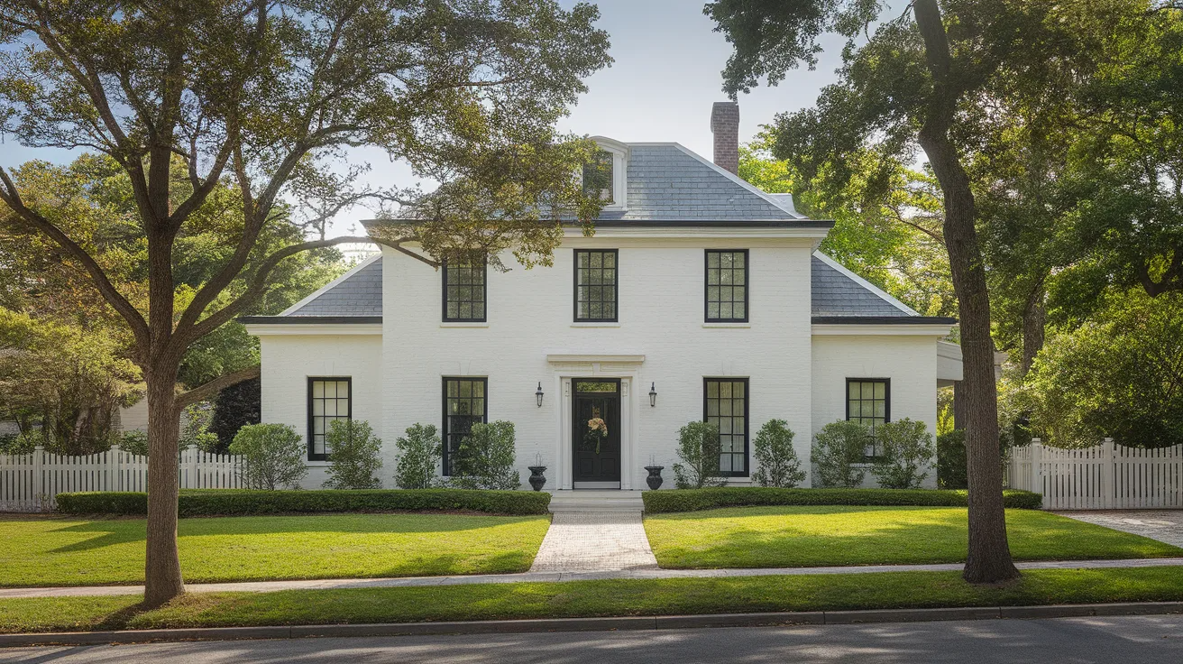 white house with black trim window grids