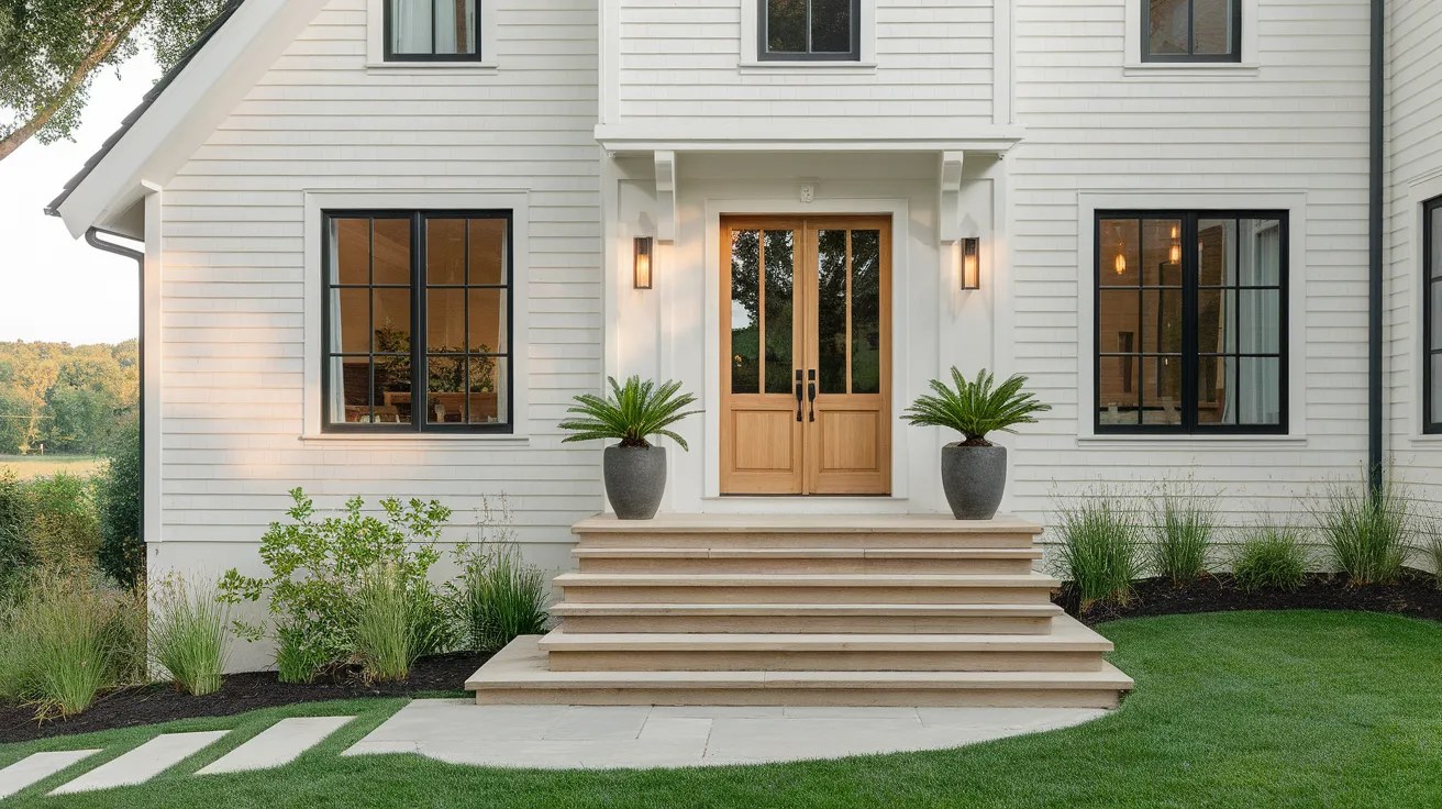 white house with black trim wood door