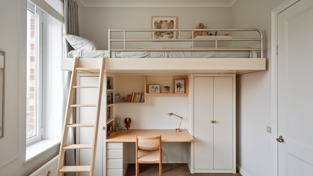 white loft bed with desk and shelves underneath designed for smart and efficient small room organization (2)