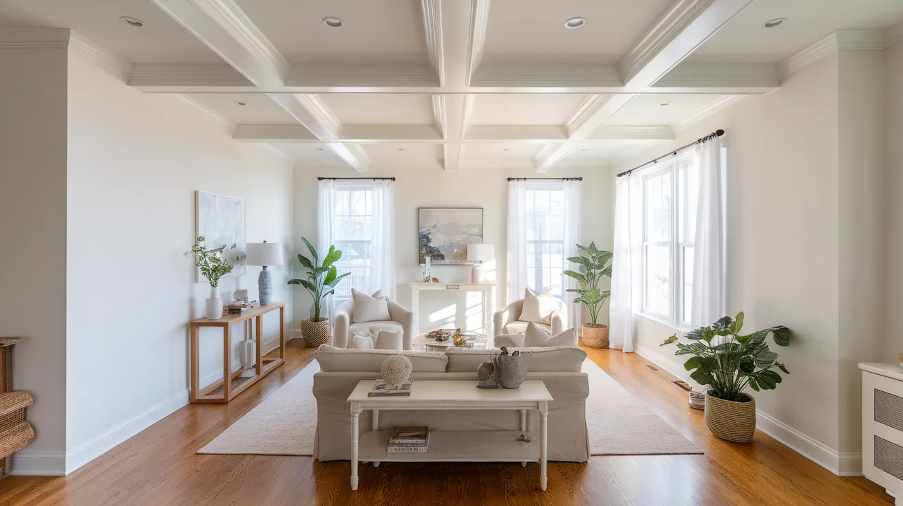 white painted box beams on a bright ceiling in a modern coastal living room with soft natural light