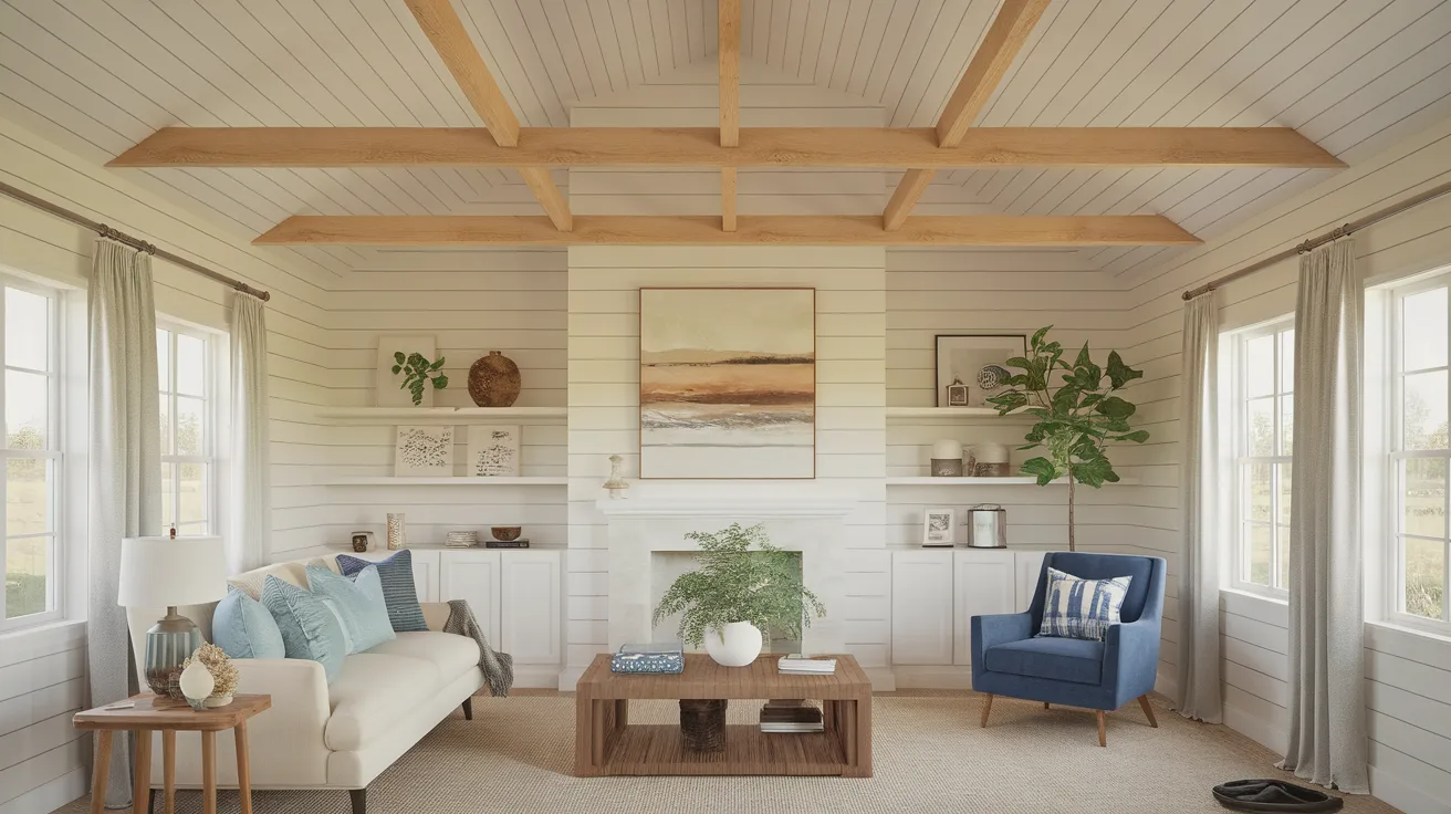 white shiplap ceiling with wood beams in a cozy farmhouse living room