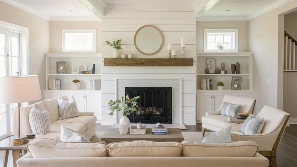 white shiplap fireplace accent wall with wood mantel in a bright farmhouse style living room