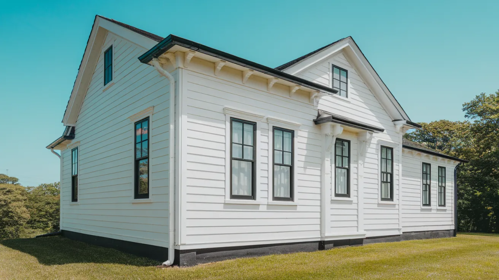 white siding black trim house