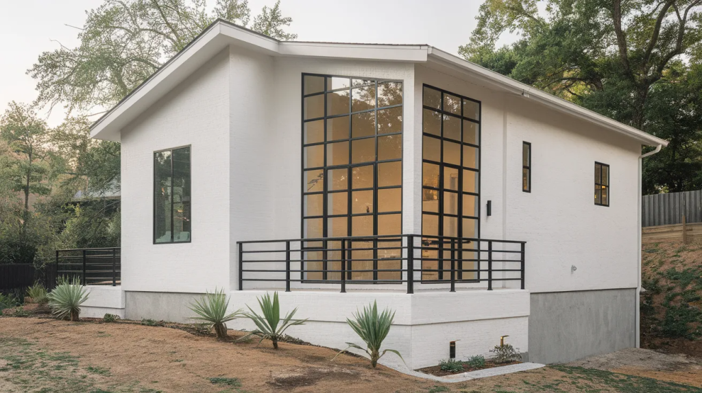 white stucco black metal details