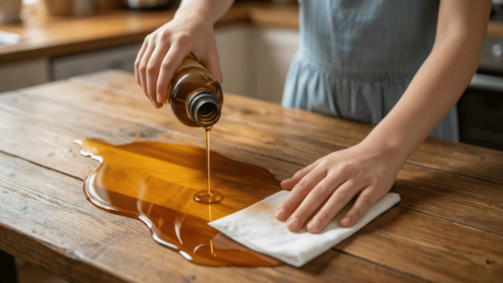 woman applying wood oil generously onto the surface with a cloth.