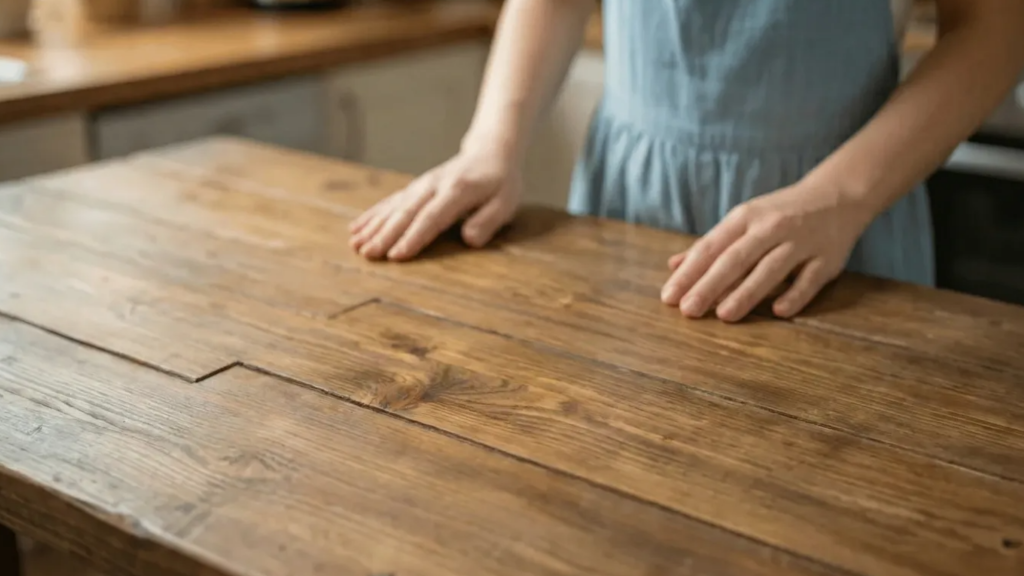 woman cleaning the items present on table