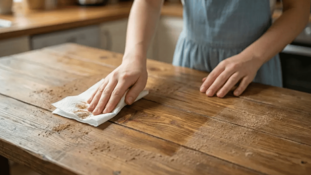 woman wiping away dust and surface grime from the surface using a soft cloth.