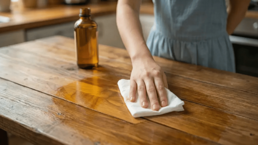 woman wiping away excess product and buffing the surface to a smooth finish.
