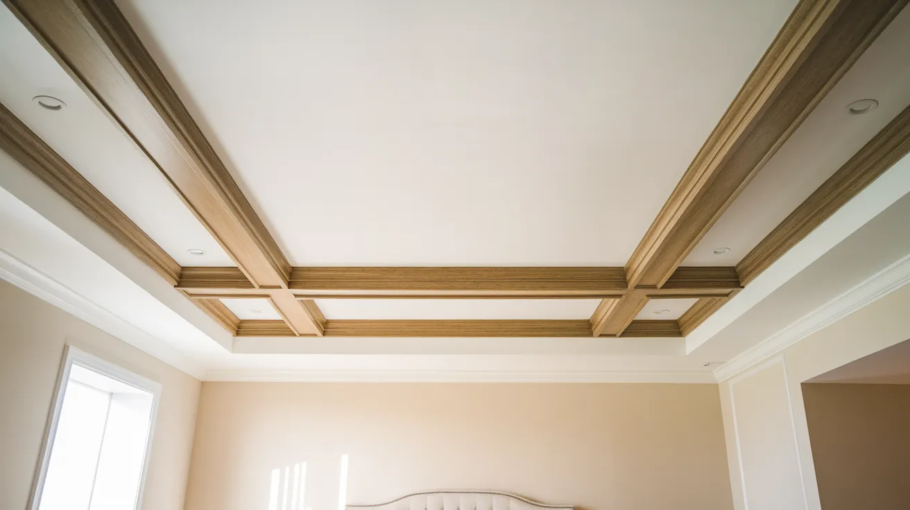 wood ceiling beams framing the perimeter of a bedroom ceiling