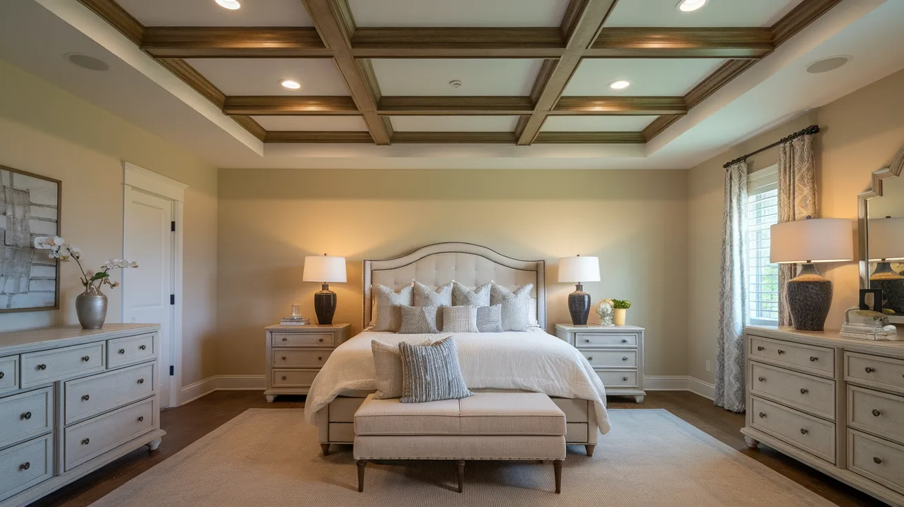wood ceiling beams installed inside a tray ceiling in a bedroom
