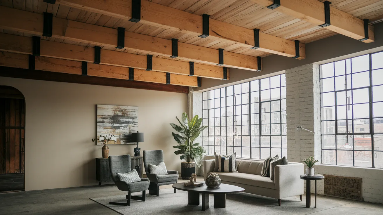 wooden ceiling beams with black metal straps in an industrial style living room