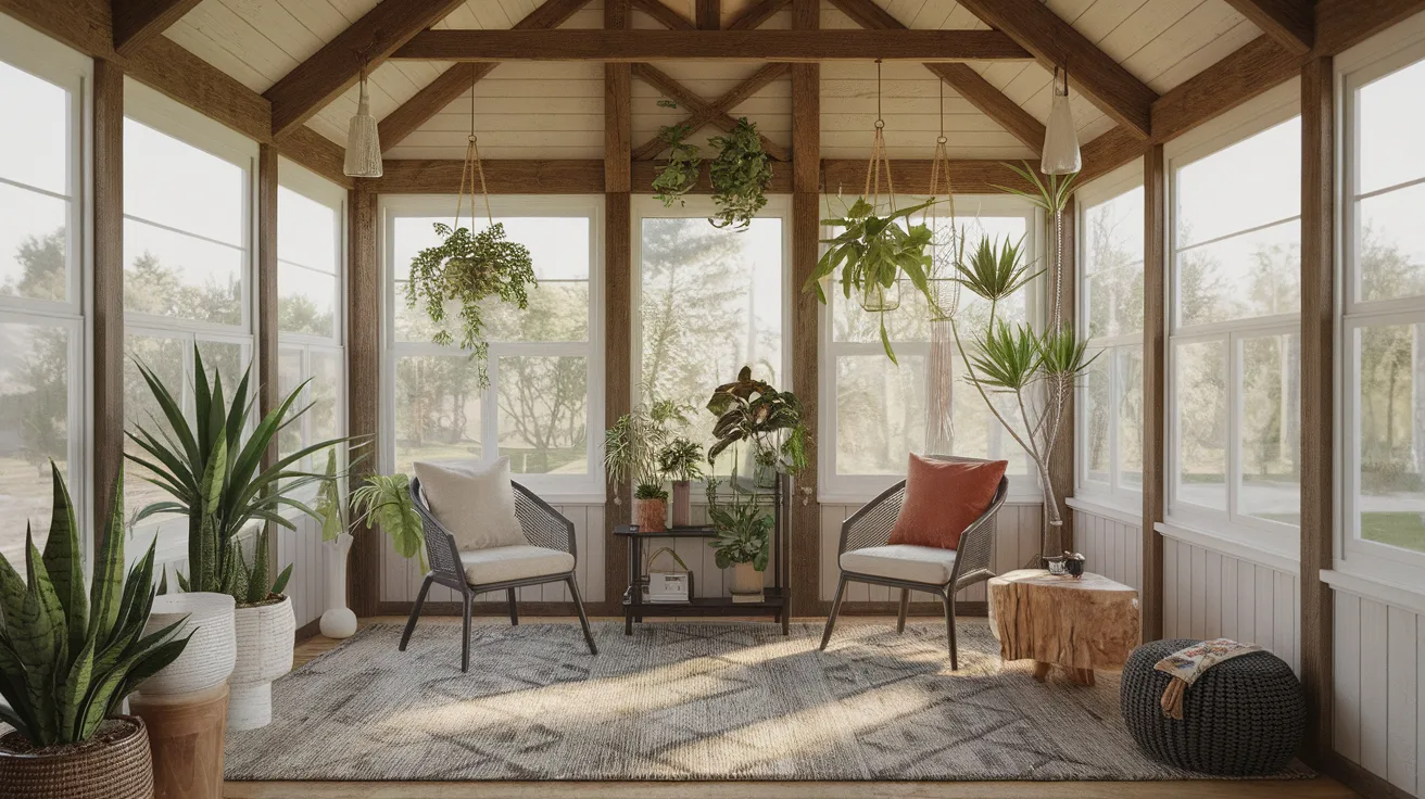 wooden ceiling beams with hooks holding hanging plants in a bright sunroom