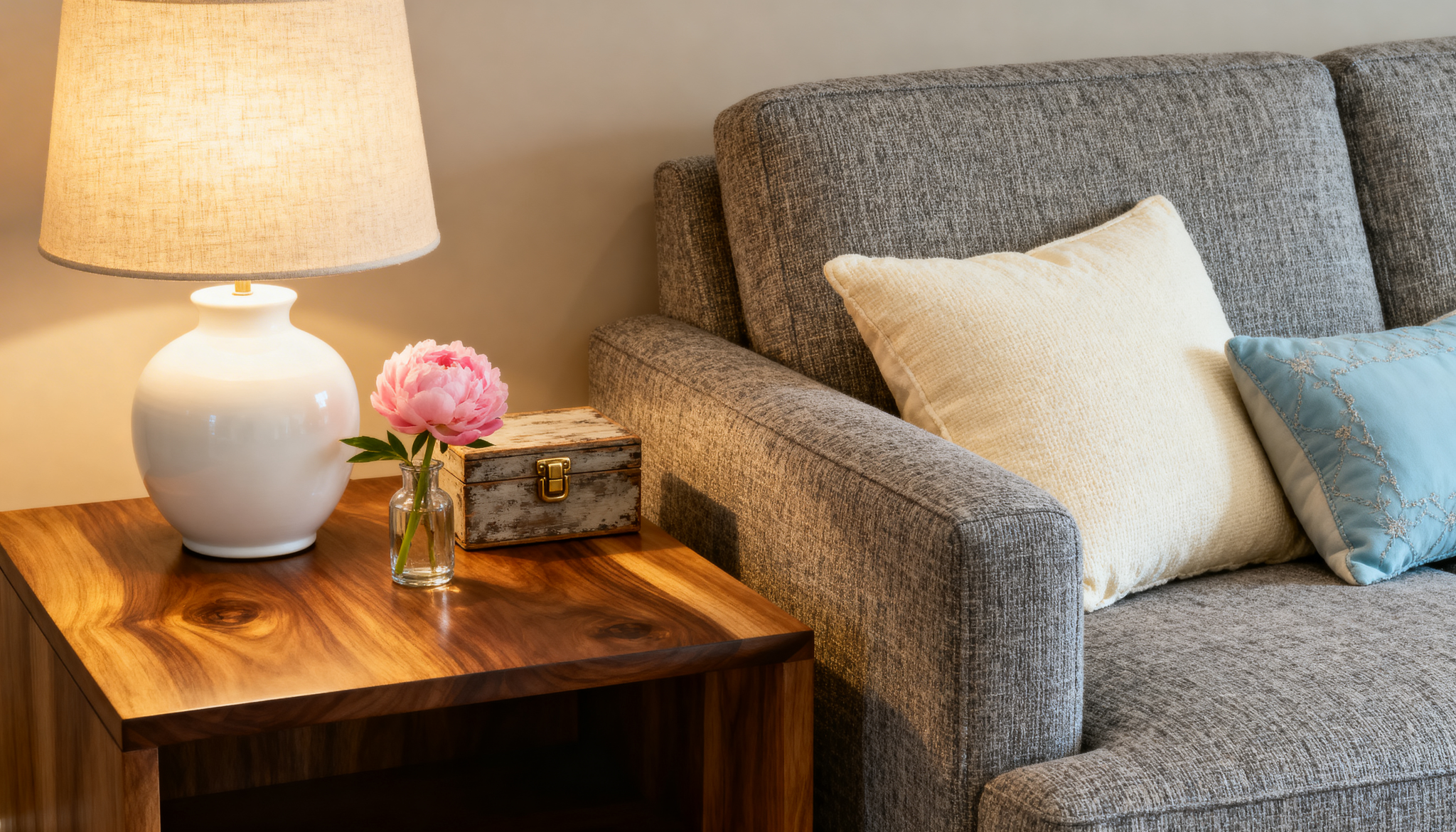 wooden end table next to sofa