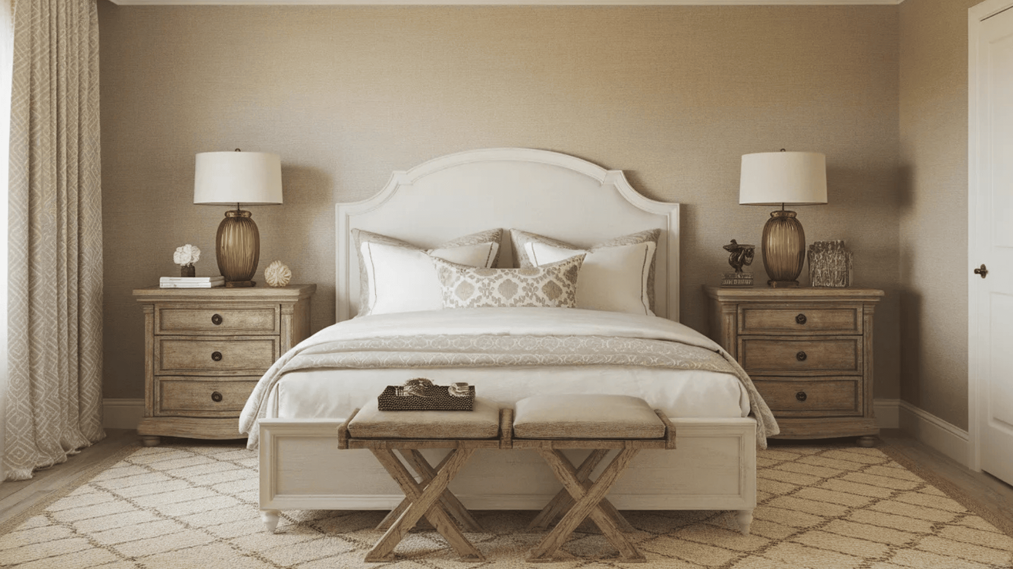 wooden side tables with vintage style lamps, decorative objects, and a neutral color scheme in a guest bedroom