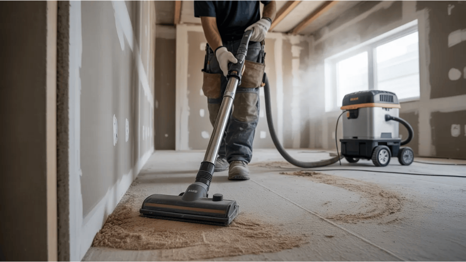 worker using HEPA vacuum to remove fine drywall dust from hardwood floor in newly renovated home during post-construction cleaning