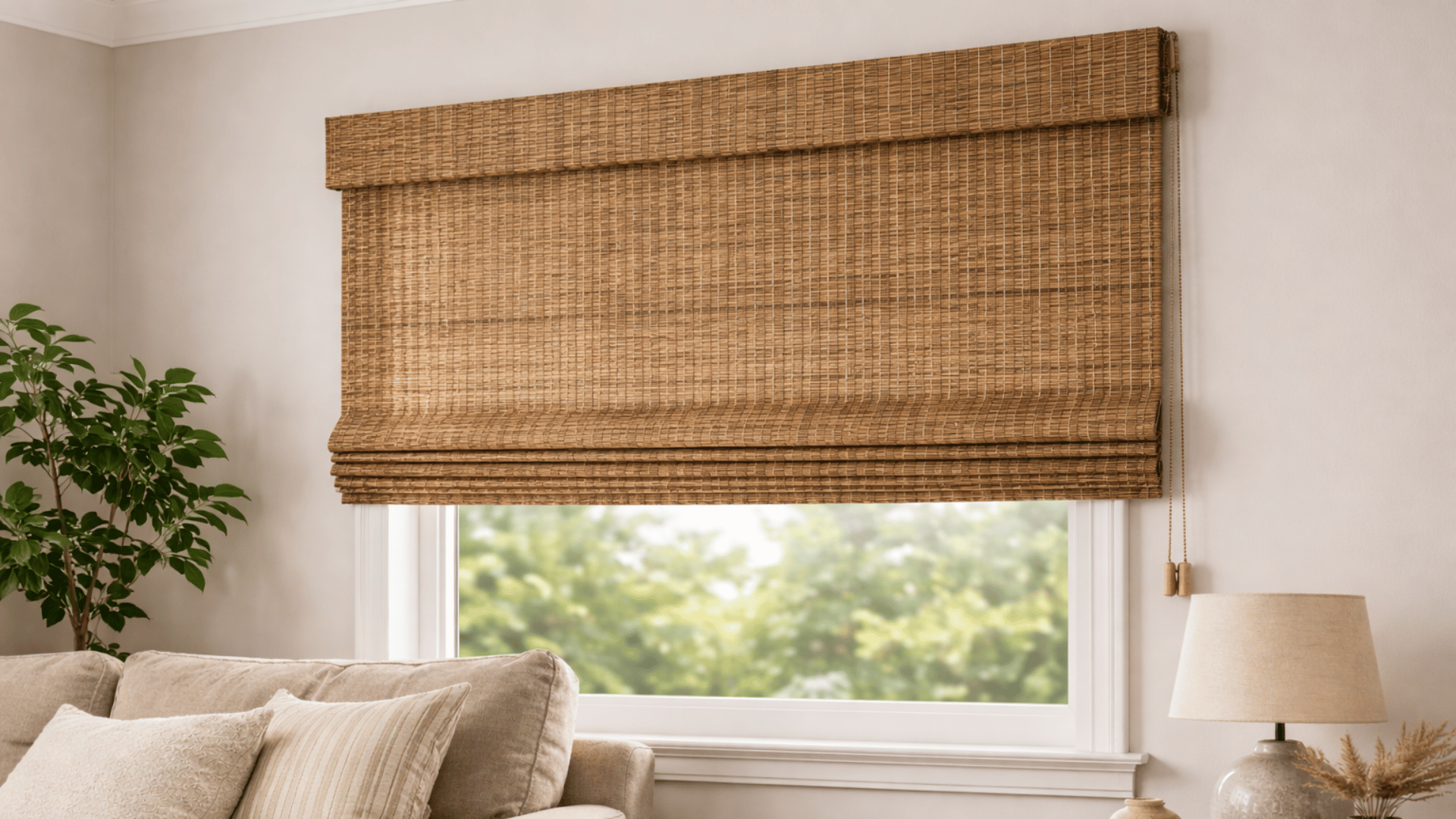 woven bamboo blind partially lowered over a bright window in a cozy living room with sofa and table lamp