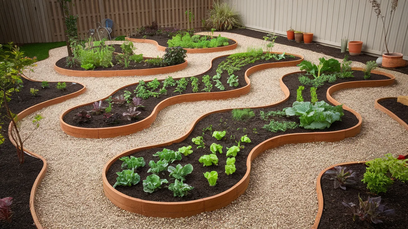 zigzag vegetable garden layout with curved beds and paths, creating better airflow and visual interest