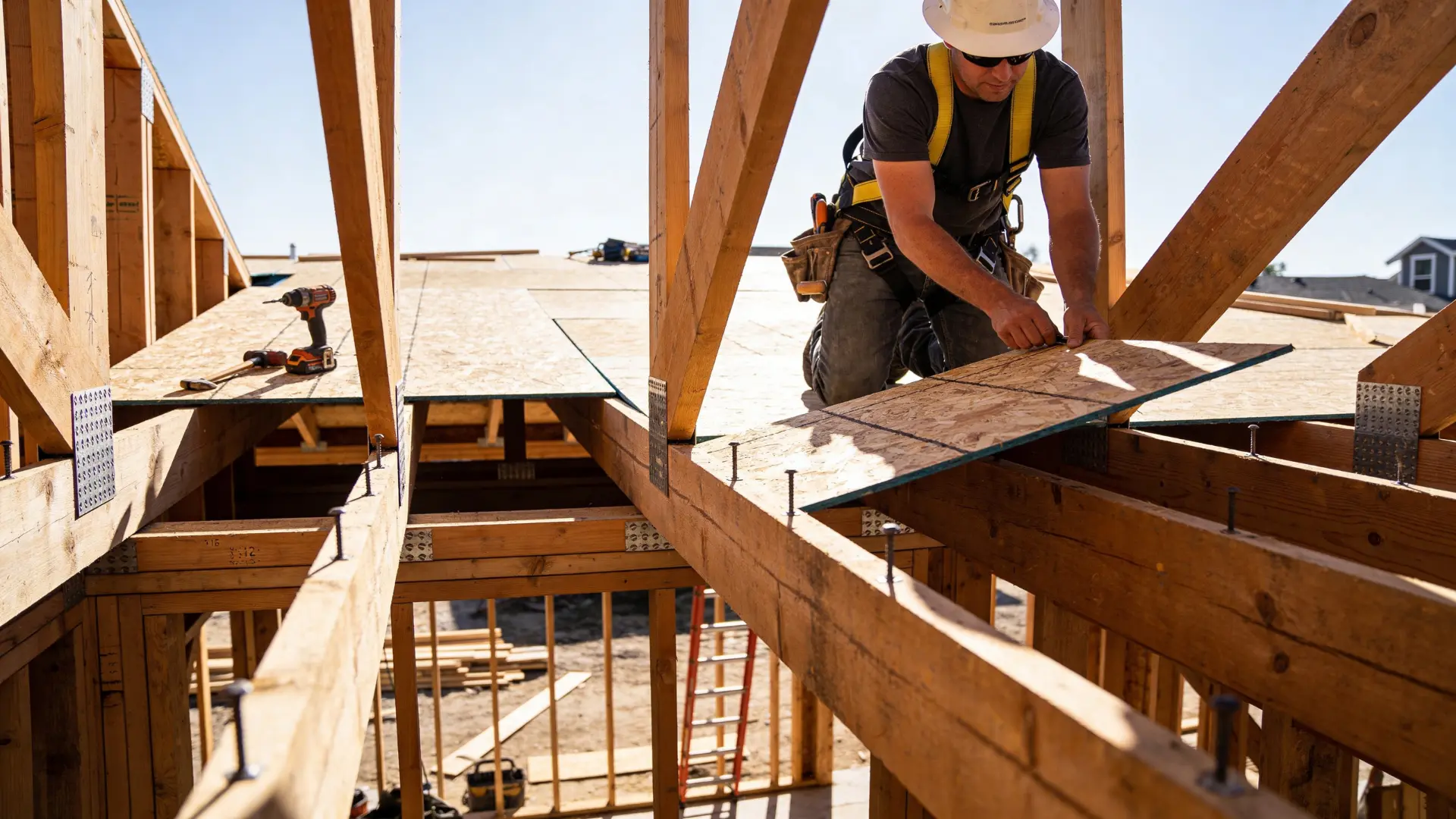 58-inch plywood being installed on roof decking over rafters during construction