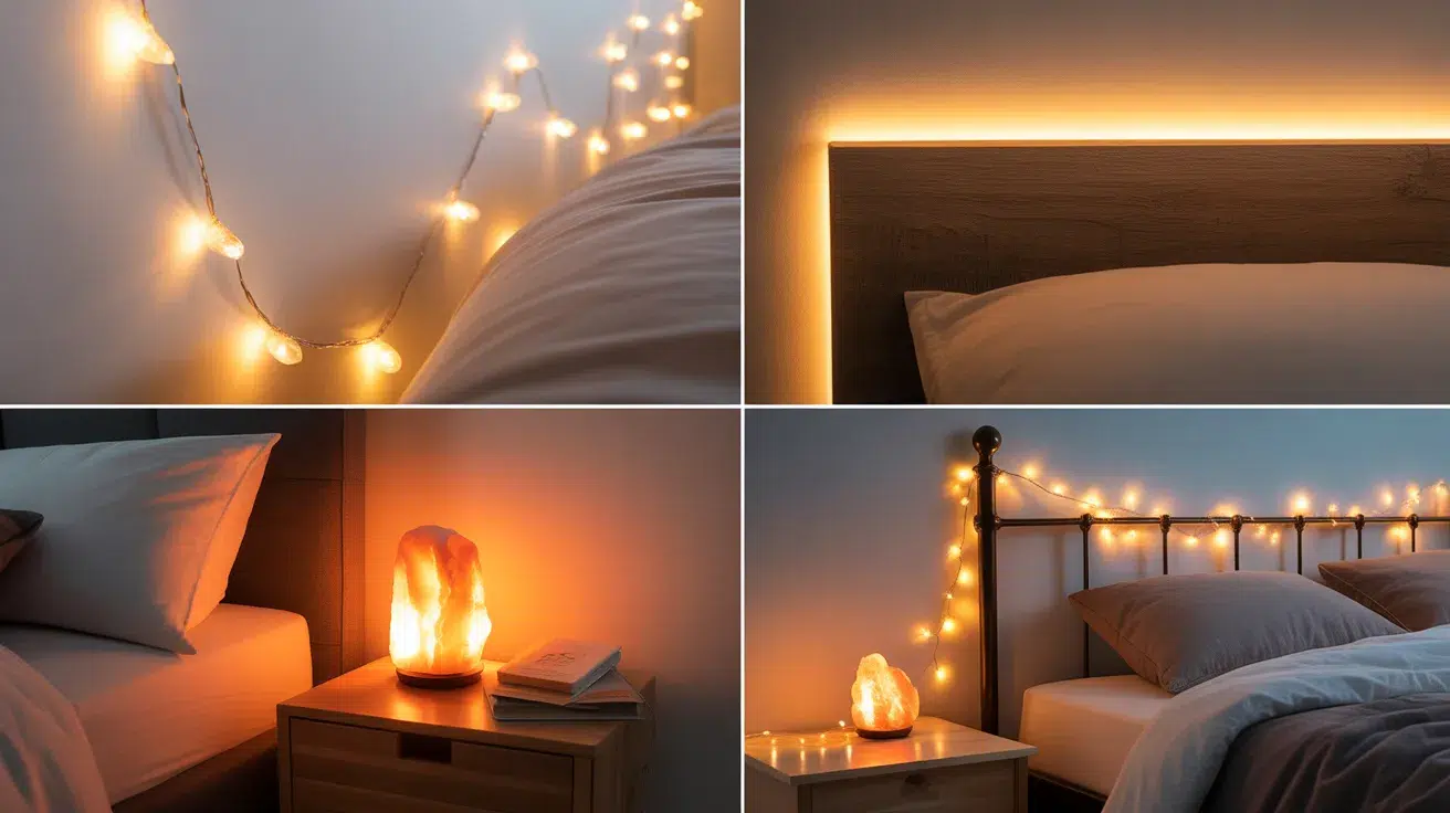 A 2x2 collage of four realistic bedroom lighting ideas including fairy lights, LED strip backlighting, a salt lamp, and string lights for a chill aesthetic room.