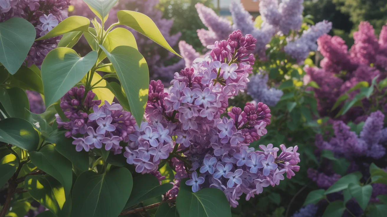 A blooming lilac shrub with soft purple flowers and lush green foliage in a sunny garden, representing spring-blooming shrubs that should be pruned right after their flowers fade.
