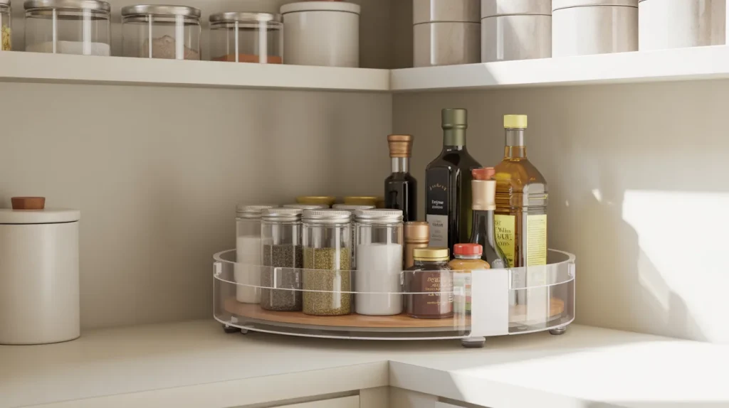 A corner pantry shelf featuring a clear acrylic Lazy Susan turntable neatly loaded with labelled spice jars, oil bottles, and condiment containers