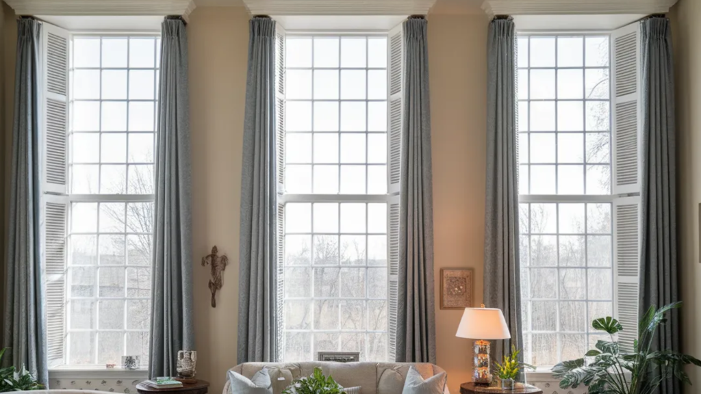 A cozy living room with tall windows, gray curtains, and light furniture, featuring a comfy sofa, plants, and a warm lamp.