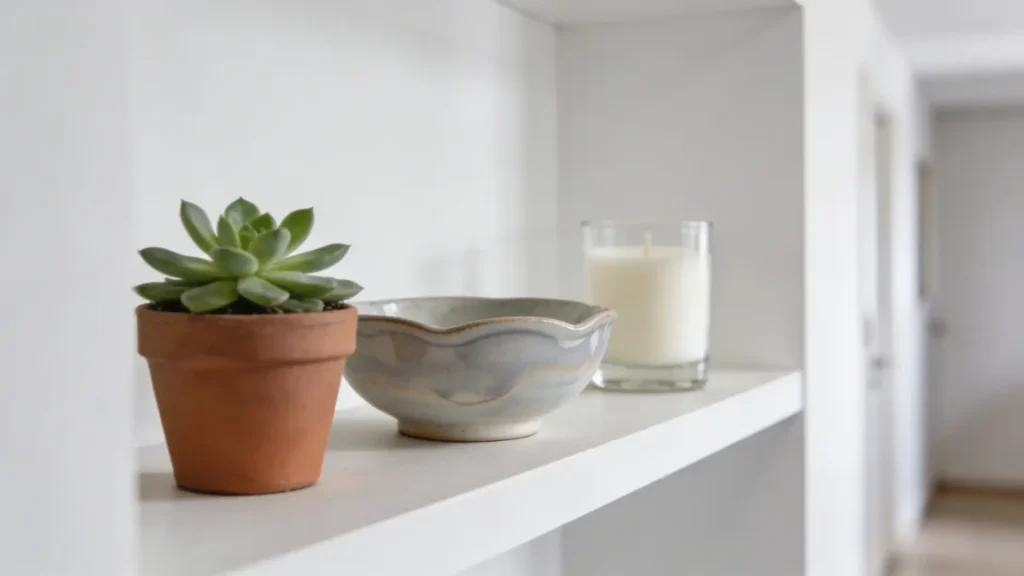 A minimalist decor arrangement on a hallway surface, featuring a small green plant and simple ceramic objects to avoid clutter