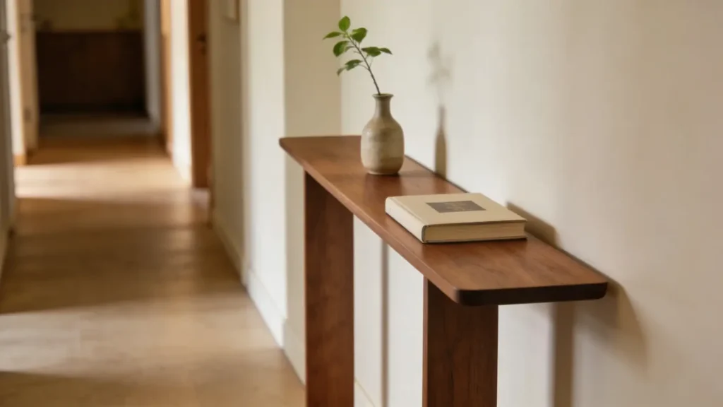 A minimalist, narrow wooden console table styled simply, fitting perfectly against a hallway wall without blocking the walking path