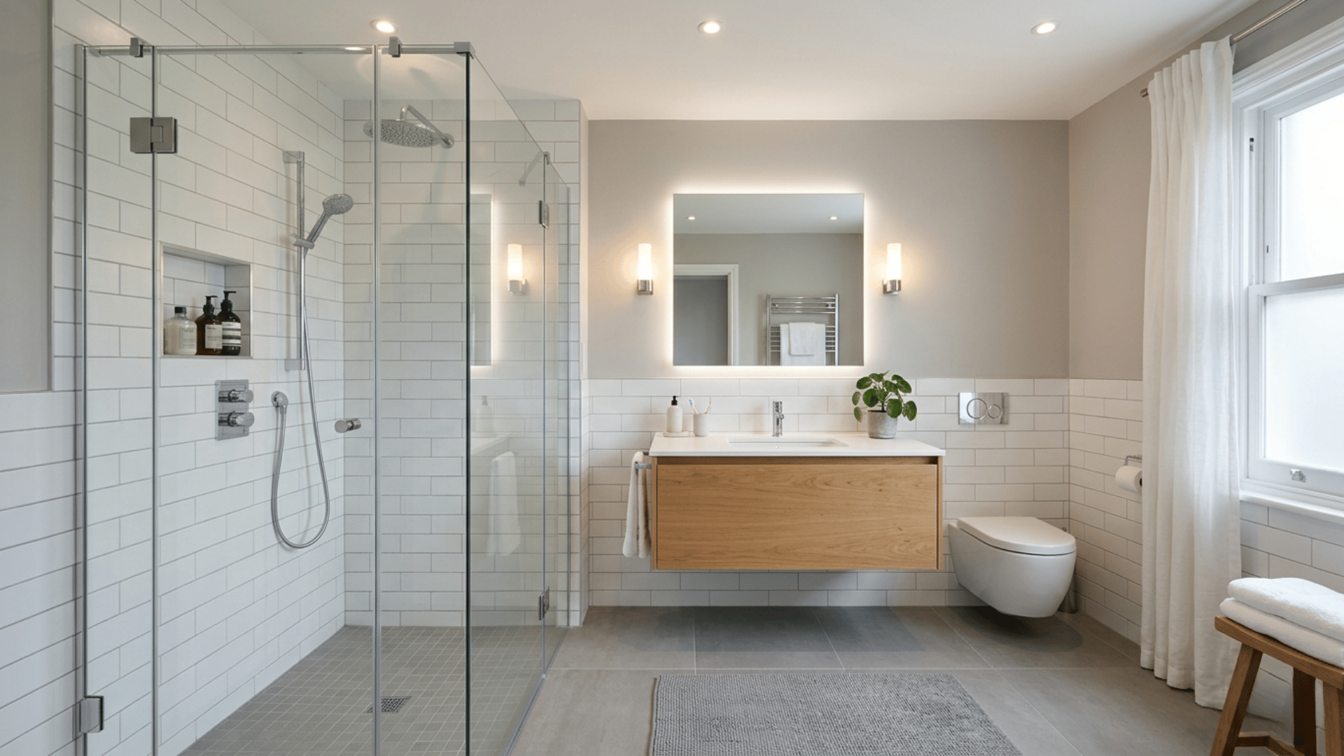 A modern bathroom with a glass shower enclosure, white subway tiles, wooden vanity, and wall-mounted toilet